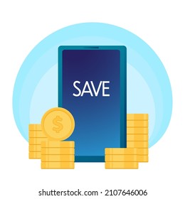 Mobile telephone with Save gold coin pile isolated on Blue background. Cash money heap, falling golden coins. Commercial banking, finance concept in flat style. Business poster.
