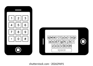 Mobile telephone with sms menu screen. Standard alphabet keys with numbers and qwerty keyboard items on touch screen smart phone. vector art image illustration, isolated on white background.
