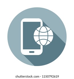 mobile telophone with globeicon in Flat long shadow. One of web collection icon can be used for UI/UX