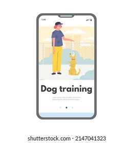 Mobile Template For Dog Training App Flat Style, Vector Illustration Isolated On White Background. Young Boy Owner And His Cute Pet Doing Up Command, Outdoor. Place For Text