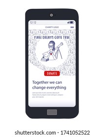 Mobile template set for Charity education and Donate online. Vector doodle concept illustration. Scholarship donation for children of different nationalities. Worldwide community support