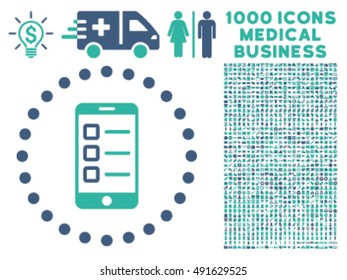 Mobile Test icon with 1000 medical commercial cobalt and cyan vector pictograms. Collection style is flat bicolor symbols, white background.