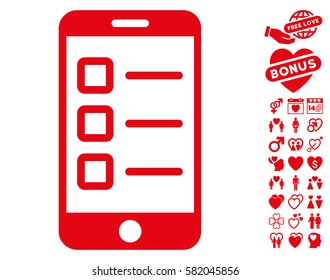 Mobile Test icon with bonus dating symbols. Vector illustration style is flat iconic red symbols on white background.