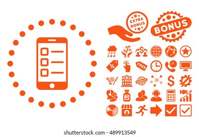 Mobile Test icon with bonus pictures. Vector illustration style is flat iconic symbols, orange color, white background.