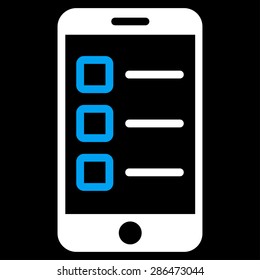 Mobile test icon from Business Bicolor Set. Vector style: bicolor flat symbol, blue and white colors, rounded angles, black background.