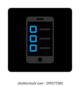 Mobile test icon. Vector style is bicolor flat symbol, gray and light blue colors, black rounded square button, white background.