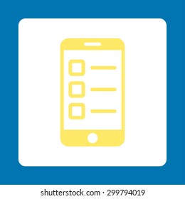 Mobile test icon. Vector style is yellow and white colors, flat rounded square button on a blue background.
