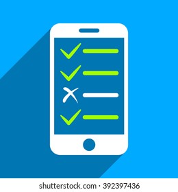 Mobile Test long shadow vector icon. Style is a flat mobile test iconic symbol on a blue square background.