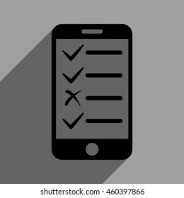 Mobile Test long shadow vector icon. Style is a flat mobile test black iconic symbol on a gray square background with longshadow.