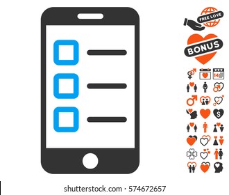 Mobile Test pictograph with bonus dating pictograms. Vector illustration style is flat iconic elements for web design, app user interfaces.