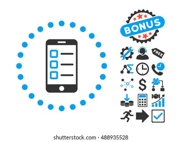 Mobile Test pictograph with bonus symbols. Vector illustration style is flat iconic bicolor symbols, blue and gray colors, white background.