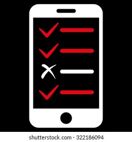 Mobile Test vector icon. Style is bicolor flat symbol, red and white colors, rounded angles, black background.