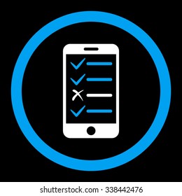 Mobile Test vector icon. Style is bicolor flat rounded symbol, blue and white colors, rounded angles, black background.