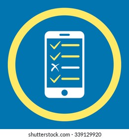 Mobile Test vector icon. Style is bicolor flat rounded symbol, yellow and white colors, rounded angles, blue background.