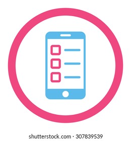 Mobile test vector icon. This rounded flat symbol is drawn with pink and blue colors on a white background.
