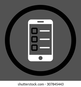 Mobile test vector icon. This rounded flat symbol is drawn with black and white colors on a gray background.