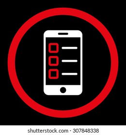 Mobile test vector icon. This rounded flat symbol is drawn with red and white colors on a black background.