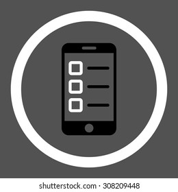 Mobile test vector icon. This rounded flat symbol is drawn with black and white colors on a gray background.