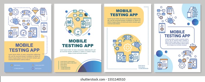 Mobile testing app brochure template. Program analysis. Flyer, booklet, leaflet print, cover design with linear illustrations. Vector page layouts for magazines, annual reports, advertising posters