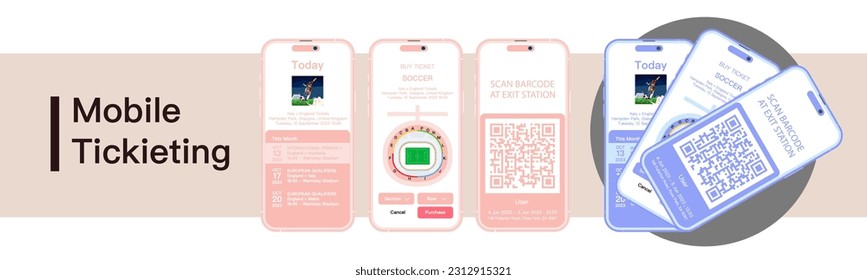 Mobile Ticketing. Booking football, hockey, basketball ticket online via internet smartphone infographic. Sport Tickets Concept Mobile Interface Design, Web or Software Template. Vector.