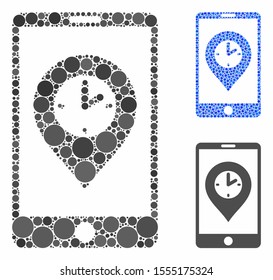 Mobile time pointer composition of small circles in various sizes and color tones, based on mobile time pointer icon. Vector random circles are united into blue composition.