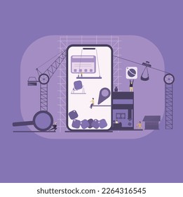 Mobile with tiny men building. Vector illustration in flat style. Mobile application development.