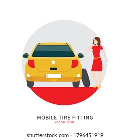 Mobile tire fitting sign. Wheels and tyre repair service. Stay on the road! Transportation, computerized balancing concept. Vector illustration in flat cartoon style isolated on white background
