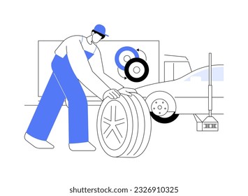 Mobile tire service abstract concept vector illustration. Repairman changes auto tires, road accident, professional vehicle maintenance services, personal transport breakdown abstract metaphor.