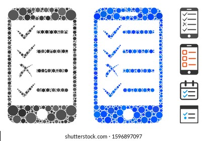 Mobile todo list mosaic of circle elements in variable sizes and color tinges, based on mobile todo list icon. Vector circle elements are united into blue mosaic.