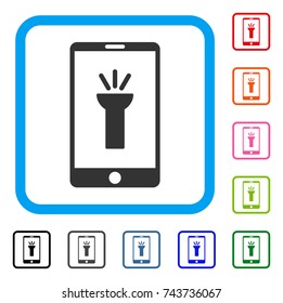Mobile Torch App icon. Flat gray iconic symbol inside a blue rounded rectangle. Black, gray, green, blue, red, orange color versions of Mobile Torch App vector.