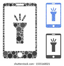 Mobile torch app mosaic of filled circles in different sizes and color tinges, based on mobile torch app icon. Vector small circles are grouped into blue collage.
