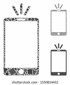 Mobile torch composition of abrupt parts in different sizes and shades, based on mobile torch icon. Vector bumpy parts are composed into composition. Mobile torch icons collage with dotted pattern.