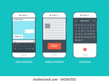 Mobile touch screen phones interface windows vector. Flat style modern elements web site click banner icon ui ux elements