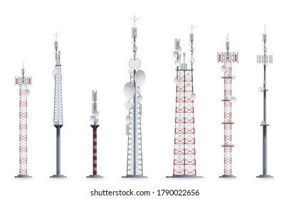 Mobile tower. Transmission cellular towered construction illustration. Mobile tower with satellite communication antenna. Vector TV radio network broadcast equipment set isolated on white background