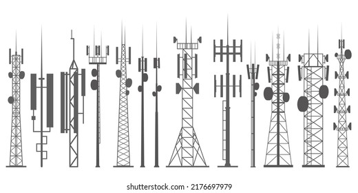 Mobile towers set. Internet network. Radio antennas and cellular communication constructions. Vector silhouette outline illustration.