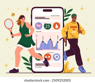 Rastreador móvel no smartphone. Homem e mulher com raquete perto do celular. Candidatura para atletas e atletas. Estilo de vida ativo. fitness e esportes. Ilustração de vetor plano