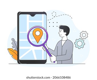 Mobile tracking soft. Man with magnifying glass looks at map. Delivery to address, package. Smartphone application. GPS, outsorce company, website, page, courier. Cartoon flat vector illustration