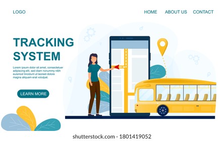 Mobile tracking system web page template for public transport showing a woman and bus, colored vector illustration. Web page template