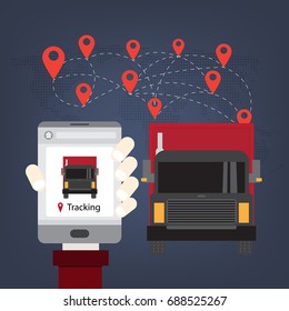 Mobile Tracking Truck ,Logistics and transportation of Container Cargo ship and Cargo plane  in shipyard logistic import export and transport industry on world map background 