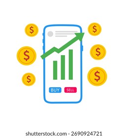 Mobile Trading App mit steigendem Chart und Dollarmünzen