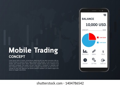 Mobile trading concept with grid, world map, candle stick, graph, smartphone, application isolate on dark blue background. Trading Business Application. Can be for web design, banner and presentation.