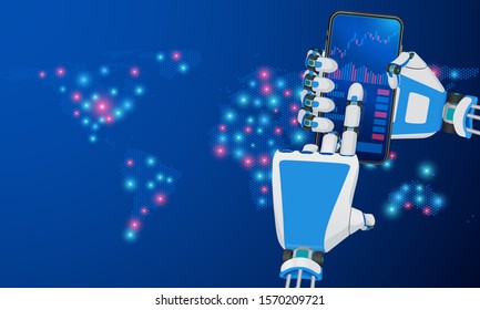 Mobile trading exchange. Automation of the financial market. A robot hand with a smartphone indicates the analytical dynamics of the shares. Business concept of artificial intelligence.