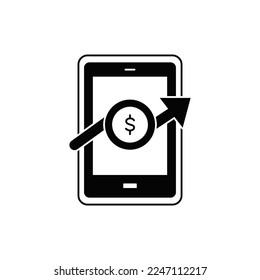 Mobile trading icon in black flat glyph, filled style isolated on white background