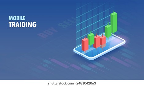 Aplicación móvil de trading en mercados al contado. Diagrama de operaciones en la plataforma móvil. Concepto isométrico.