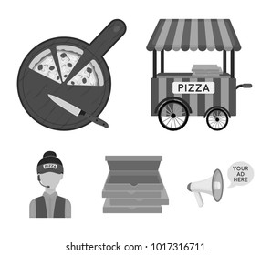 Mobile trailer, cutting board for pizza, boxes, salesman. Pizza and pizzeria set collection icons in monochrome style vector symbol stock illustration web.