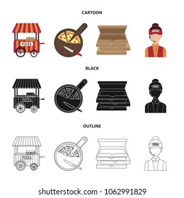 Mobile trailer, cutting board for pizza, boxes, salesman. Pizza and pizzeria set collection icons in cartoon,black,outline style vector symbol stock illustration web.