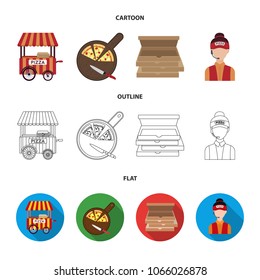 Mobile trailer, cutting board for pizza, boxes, salesman. Pizza and pizzeria set collection icons in cartoon,outline,flat style vector symbol stock illustration web.