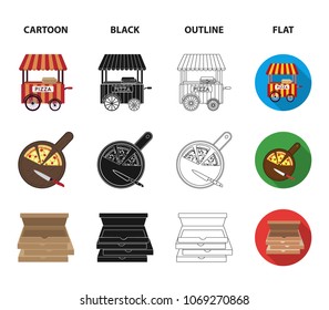 Mobile trailer, cutting board for pizza, boxes, salesman. Pizza and pizzeria set collection icons in cartoon,black,outline,flat style vector symbol stock illustration web.