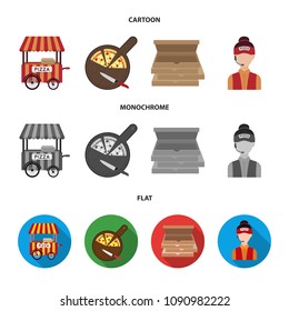 Mobile trailer, cutting board for pizza, boxes, salesman. Pizza and pizzeria set collection icons in cartoon,flat,monochrome style vector symbol stock illustration web.