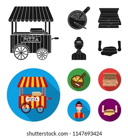 Mobile trailer, cutting board for pizza, boxes, salesman. Pizza and pizzeria set collection icons in black, flat style vector symbol stock illustration web.